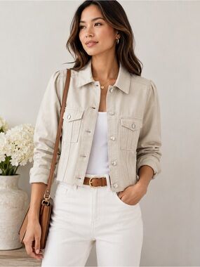 NWT Joie Ecru Soft Denim Cropped Jacket Puff Sleeve Raw Hem Size Medium